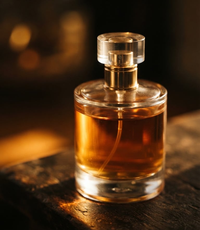 Macro close-up of a minimalist glass perfume bottle catching warm golden-hour sunbeams, soft shadows, shallow depth of field