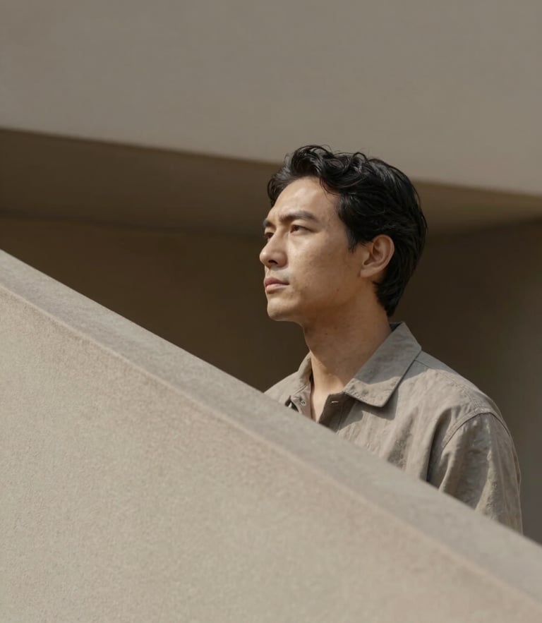 Warm minimalist editorial photography of a leader in calm contemplation, soft natural daylight, muted earth tones, architectural lines, shallow depth of field.
