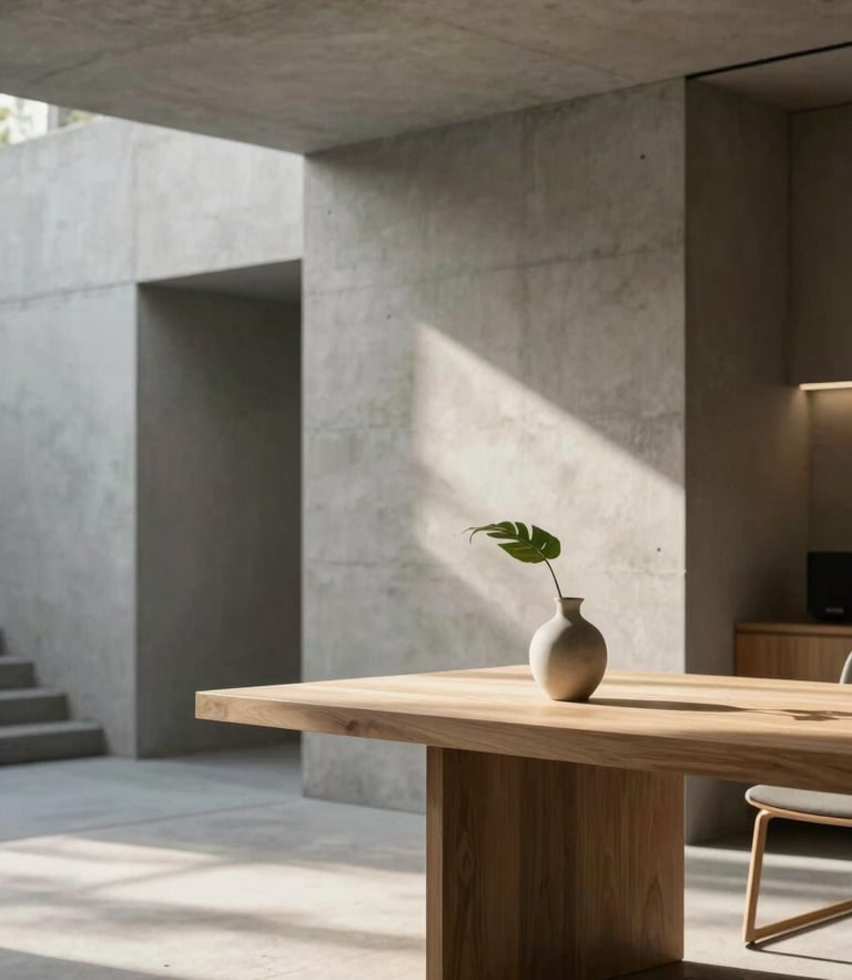 Minimalist modern concrete architectural office, soft morning light casting long shadows on a clean wooden desk, single green leaf in a ceramic vase, shallow depth of field