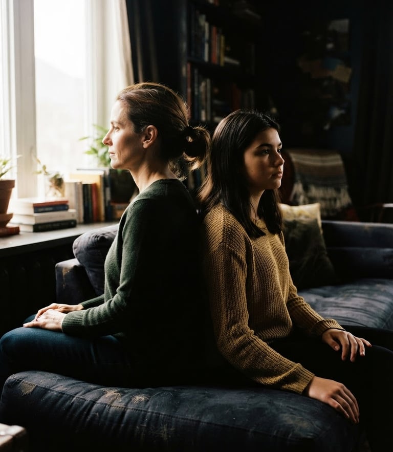 Close-up of a mother and teenage daughter sitting back-to-back on a sofa, looking away in quiet tension, dramatic window light, high-contrast shadows, warm editorial photography.