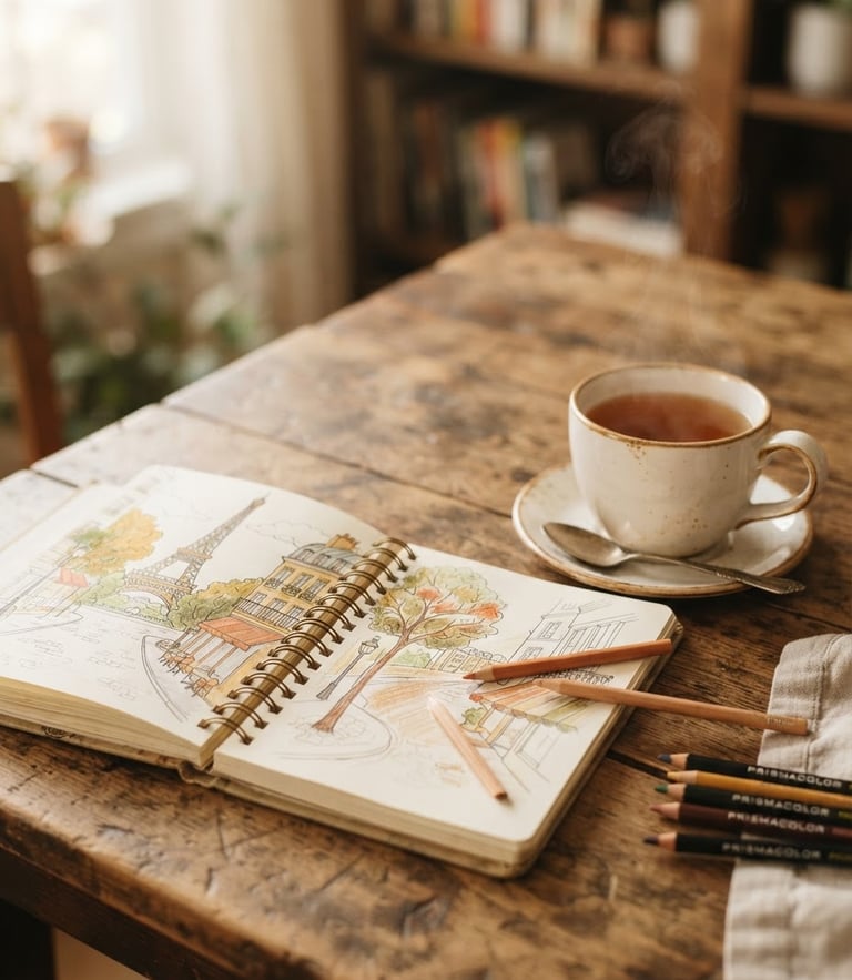 Warm editorial photography of an open travel coloring book on a wooden table, next to a steaming ceramic cup of tea, soft morning window light, muted cream and earthy tones, shallow depth of field, 35mm