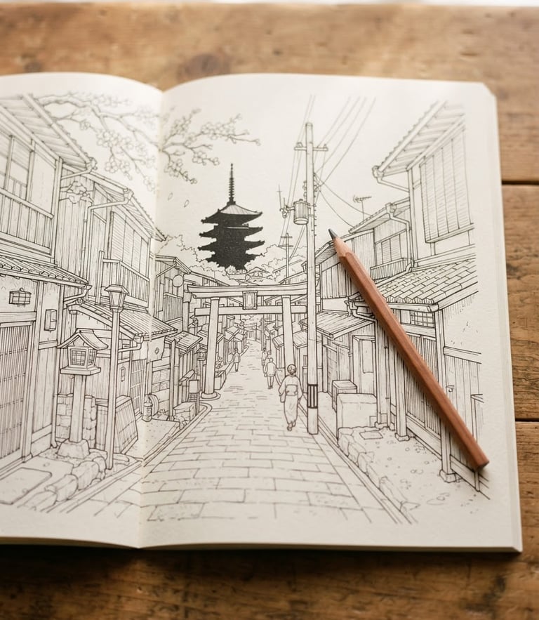 Overhead flat-lay of an open coloring book showing hand-drawn Kyoto streets, a wooden pencil resting on the heavy cream paper, soft morning window light, warm earthy tones.