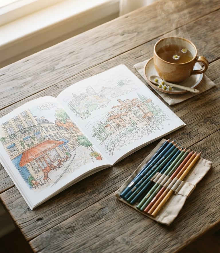 Overhead flat-lay of an open travel coloring book on a rustic wooden table, soft morning light, colored pencils and a steaming cup of chamomile tea nearby, 35mm photography