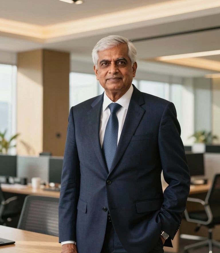 Professional environmental portrait of a senior Indian financial advisor in a modern corporate office, warm sunlight, clean architectural lines, editorial corporate photography style, 35mm