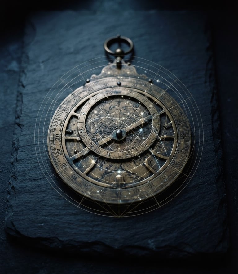 Fine-art astronomical photography of an ancient brass astrolabe resting on dark slate, sharp geometric line overlays, moody low-key chiaroscuro lighting, deep midnight blue tones, 35mm film