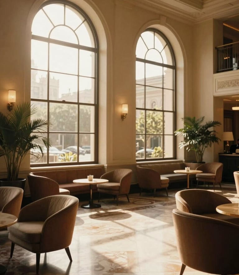 Low-lit grand hotel lobby with warm golden-hour light streaming through tall arched windows, casting long shadows on polished marble floors, refined mid-century furniture, elegant atmosphere, 35mm photography.