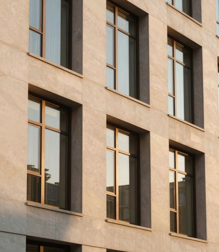 Warm architectural shot of a grand hotel facade with clean mid-century lines, golden hour sunlight reflecting off tall bronze-framed windows.