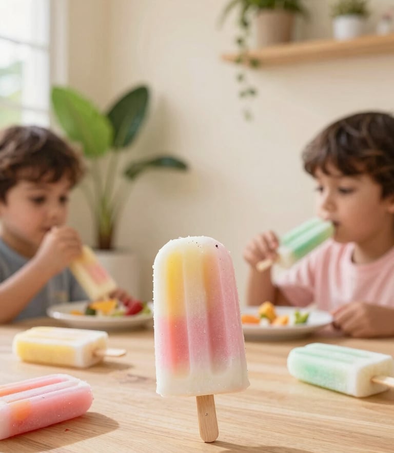 Bright editorial food photography of a beautiful pastel-toned Mexican paletería interior, soft natural daylight, warm cream walls, green plants, and a family enjoying paletas at a wooden table