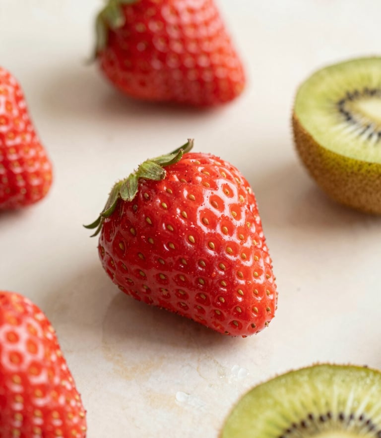Macro shot of fresh whole strawberries and sliced kiwis on a warm cream marble surface, soft morning daylight, pastel tones, elegant composition