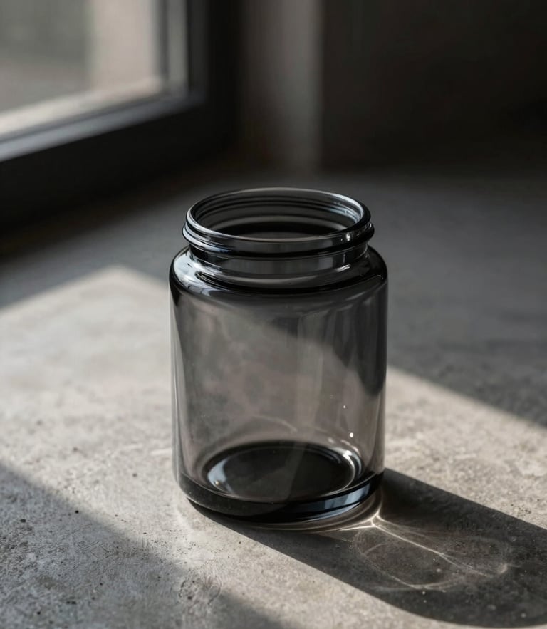 A minimalist dark glass jar sitting on a concrete surface, soft evening ambient light from a window casting long shadows, sophisticated luxury aesthetic.