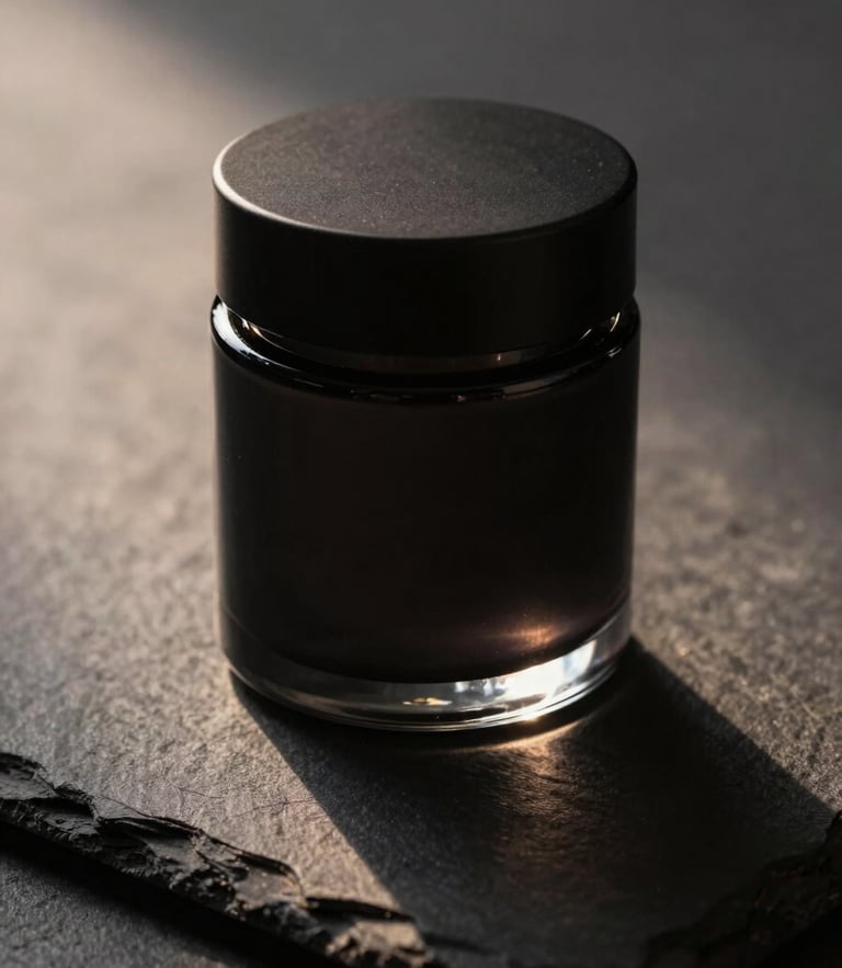 A close-up macro shot of a minimalist, matte black glass jar on a dark slate surface, warm evening ambient light casting long shadows, sophisticated and discreet.