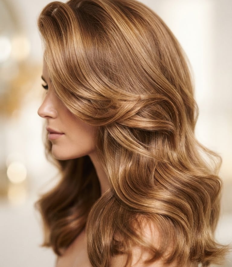 Close-up of an impeccably styled high-volume blowout showing texture and shine, bright natural daylight, clean white and soft gold tones, shallow depth of field, 85mm lens