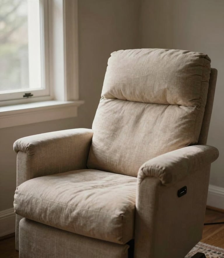An empty comfortable therapy chair of soft linen in a quiet interior room, indirect north-facing window light casting gentle shadows, warm editorial photography, muted earthy tones, shallow depth of field, 35mm