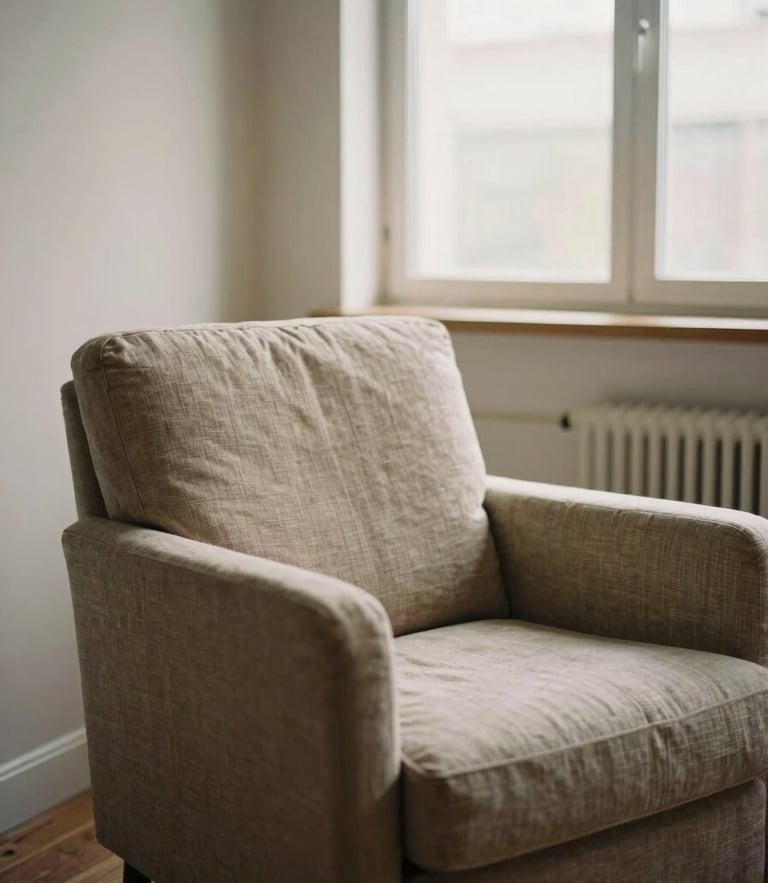 Quiet interior of a modern therapy office, a comfortable linen armchair bathed in soft indirect window light, warm earthy tones, 35mm photography
