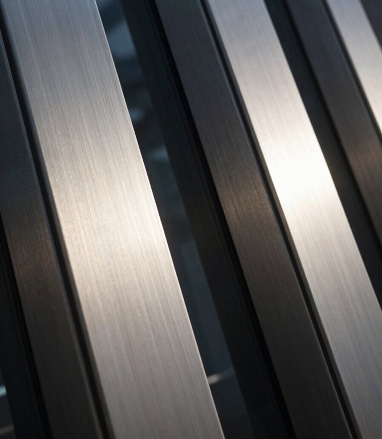 Extreme close-up of premium physical materials, brushed steel and dark architectural glass with sharp vertical lines, low-key chiaroscuro lighting, cool silver tones.