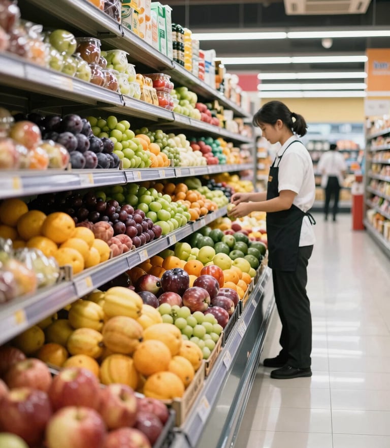 Bright commercial shot of a pristine supermarket aisle, neatly stacked vibrant fresh fruits in the foreground, clean reflective floor, professional staff in uniform.