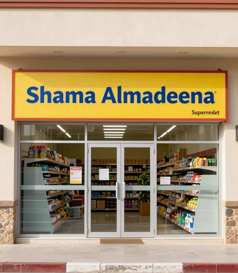 Straight-on architectural shot of Shama Almadeena Supermarket storefront, bright clean commercial photography, natural overhead light, daytime