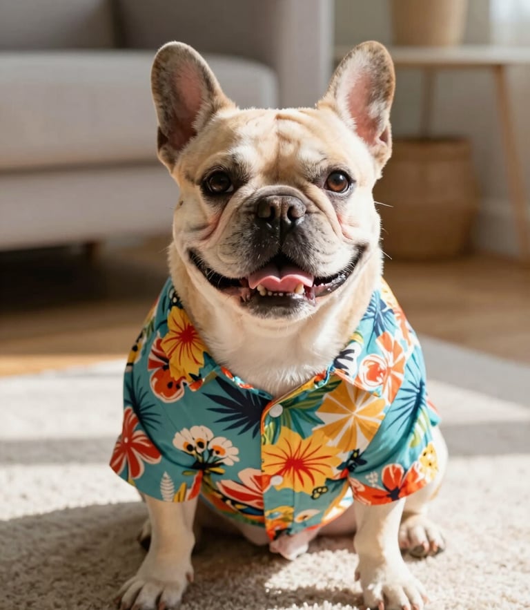 A happy French Bulldog wearing a colorful, tailored Hawaiian shirt, sitting comfortably on a sunny living room rug, warm natural daylight, eye-level shot.