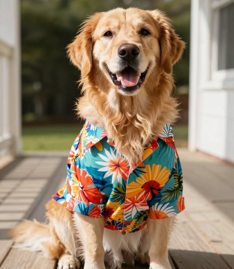 A joyful golden retriever wearing a vibrant, colorful Hawaiian shirt sitting on a sunny wooden porch, eye-level shot, warm natural daylight, shallow depth of field.