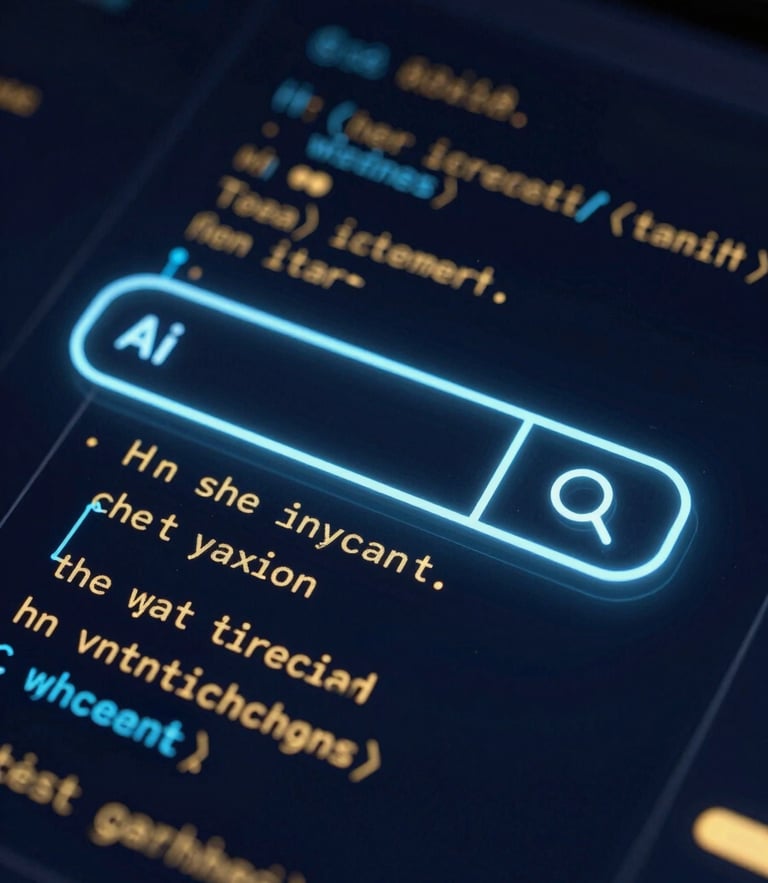 Macro editorial shot of glowing code structures and AI search nodes, neon blue and gold accents, dark navy background, high contrast, 35mm