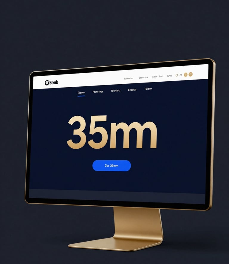 Sleek editorial technology photography of a high-fidelity dark-mode website mockup on a monitor, sharp gold and electric blue accents, dark navy background, 35mm