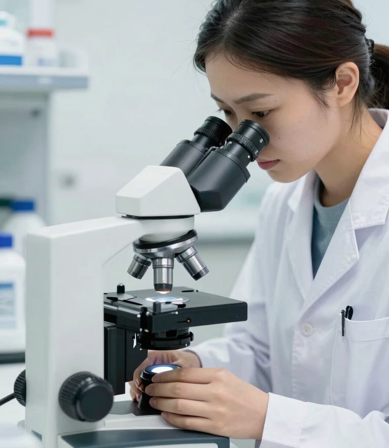 Close-up of a female health researcher in a clean white laboratory, adjusting a microscope under bright natural daylight, professional clinical photography style, 35mm