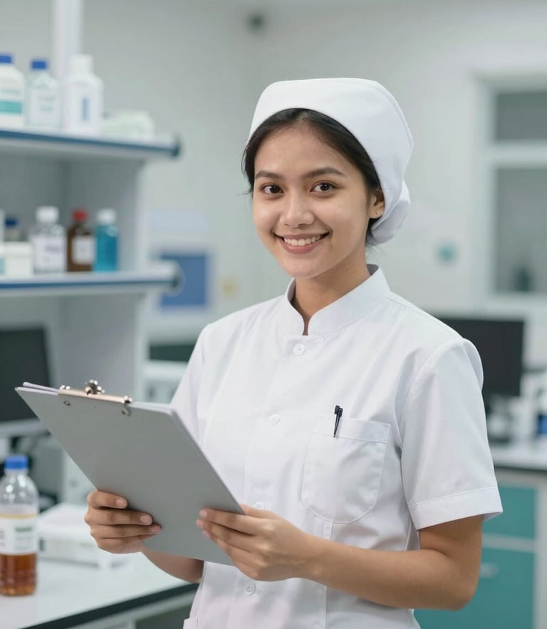 A female Indonesian nursing student in a clean white uniform smiling in a bright clinical laboratory, holding a medical folder, 35mm professional editorial style