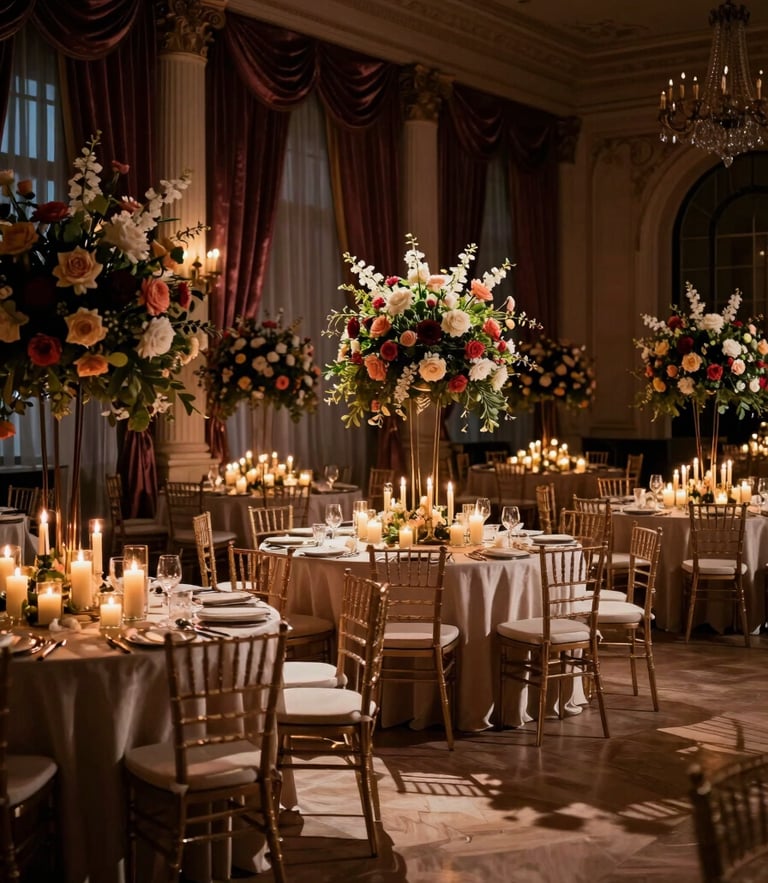 Dramatic wide-angle shot of a grand ballroom transformed with towering architectural floral installations, warm candlelight casting deep chiaroscuro shadows on velvet drapery, 35mm lens