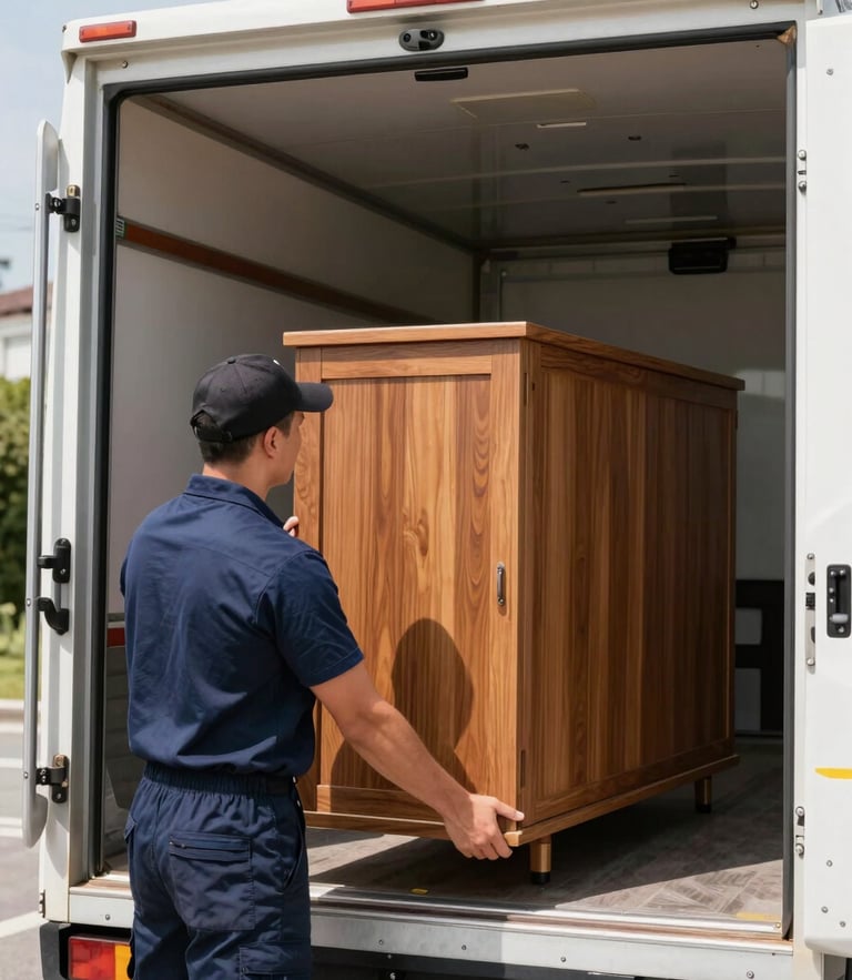 Professional mover in a clean navy uniform carefully securing a heavy wooden cabinet inside a modern moving truck, bright natural daylight, crisp 35mm photography