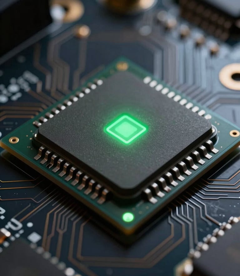 Extreme macro close-up of a high-performance mobile processor chip on a dark circuit board, illuminated by a sharp, cool green indicator light, technical blueprint lines subtly visible in the background.