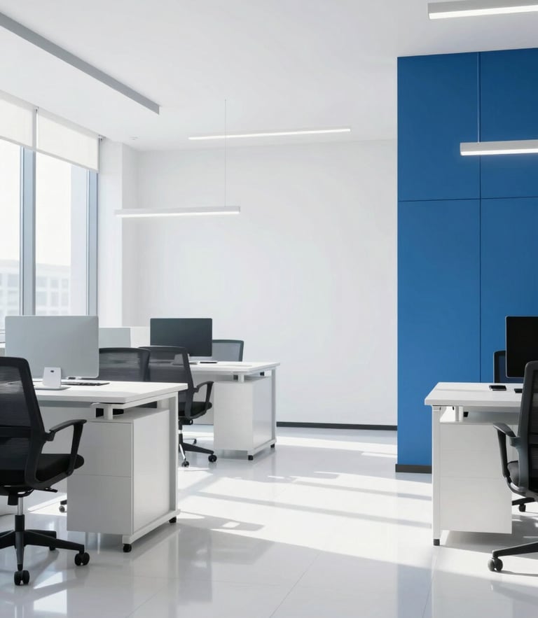 Bright high-key photography of a pristine modern office space with clean lines, daylight reflecting off polished floors, emphasizing hygiene and technical precision