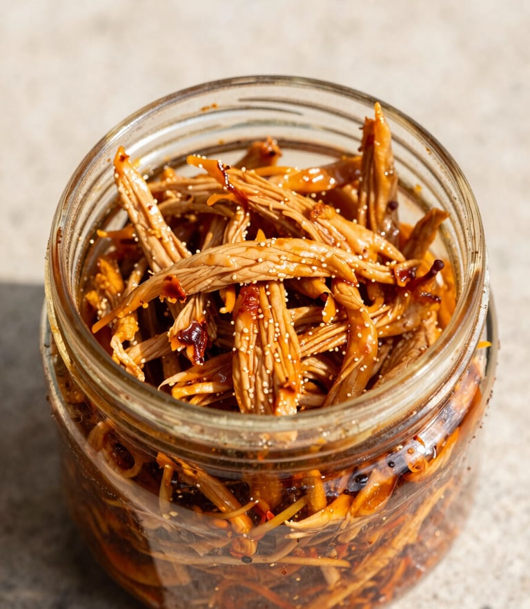 Close-up macro shot of a glass jar of shredded chicken pickle sitting on a textured stone surface, bright natural daylight with sharp shadows.