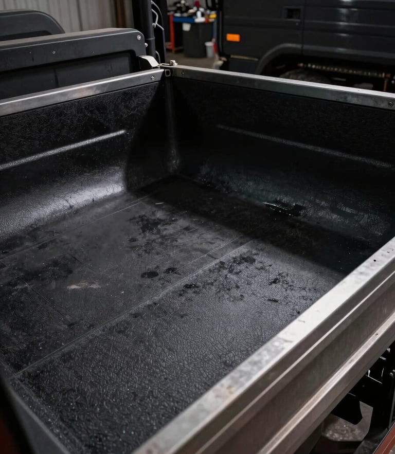 Medium shot of a heavy-duty truck bed with a textured black bedliner, dramatic workshop lighting with high-contrast shadows on steel surfaces, 35mm lens.