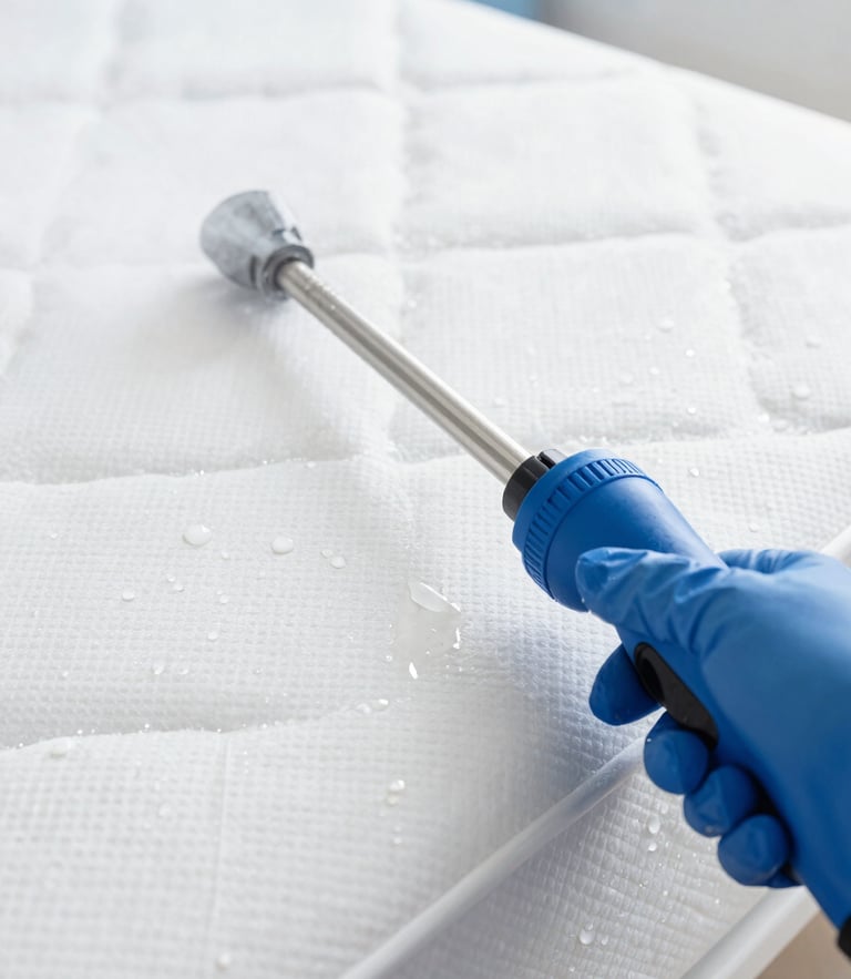 Bright professional macro photography of a steam cleaning nozzle sanitizing a white mattress, clean natural daylight, water droplets, fresh blue tones, 35mm