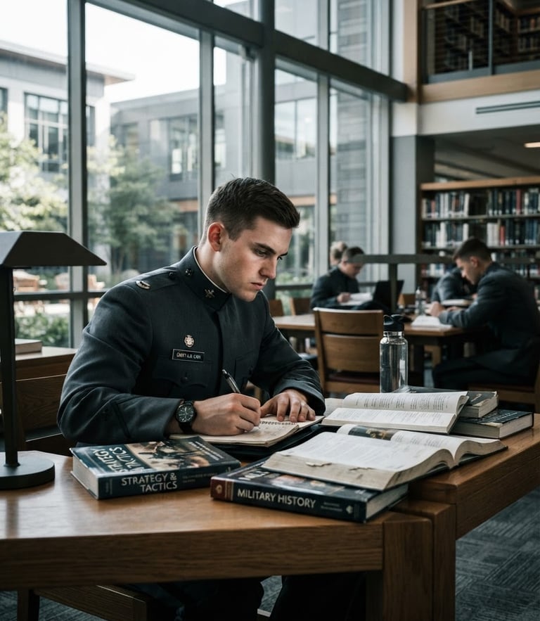 Dramatic editorial photography of a focused cadet studying in a modern military academy library, crisp morning daylight, high contrast desaturated tones, sharp focus, 35mm