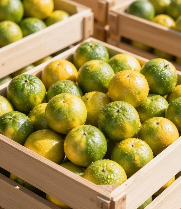 Crisp high-key commercial photography of export-grade citrus packed perfectly in clean modern wooden crates, bright daylight, sharp focus