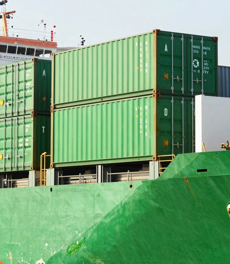 Bright high-key commercial photography of a cargo ship being loaded with modern green containers at Alexandria port, natural daylight, sharp focus, 35mm