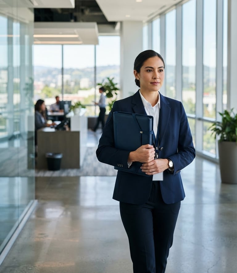 Crisp corporate photography of a professional courier in a navy uniform holding a secure legal folder, bright natural daylight, Burlingame office background, 35mm