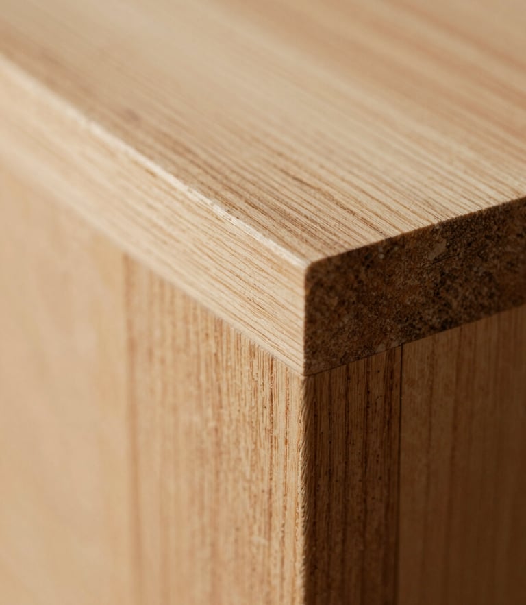 Macro photograph of a hand-sanded timber joint, soft natural side-lighting, rich wood grain detail, shallow depth of field, 35mm