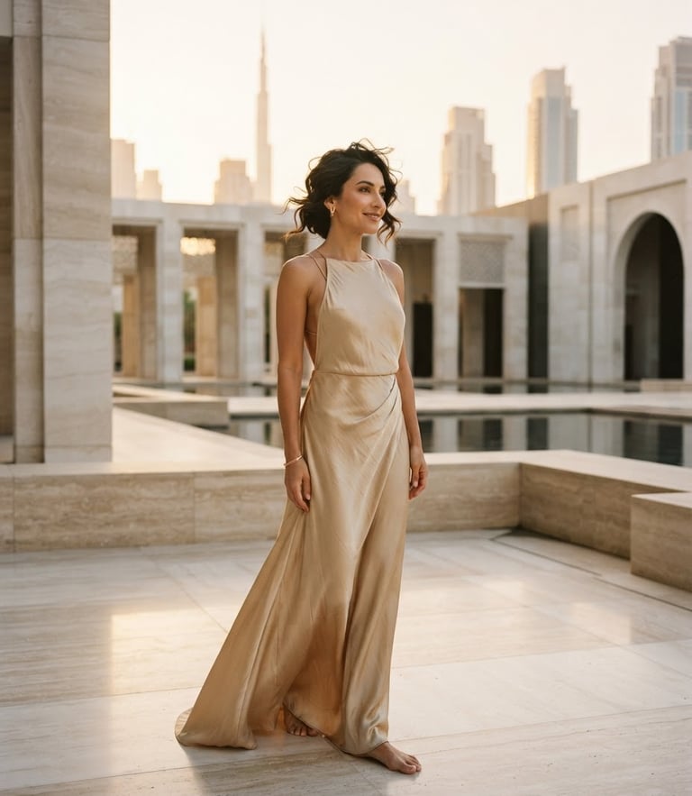 Warm environmental portrait of an elegant woman in a draped champagne gold silk gown standing in a sun-drenched modern minimalist marble courtyard in Dubai, golden hour light, medium format film