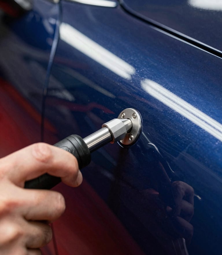 Extreme close-up of a technician's hand using a specialized PDR tool under sharp linear LED reflection lines on a flawless navy blue car panel, 35mm