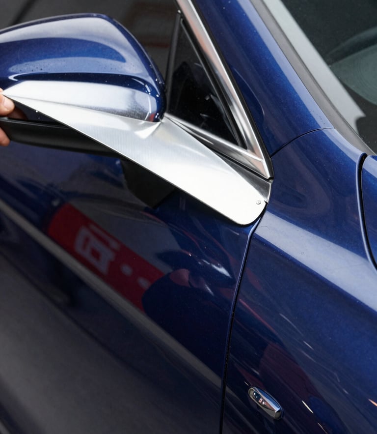 Close-up macro shot of a technician using specialized LED reflection boards on a clean navy blue car panel, sharp linear reflections showing perfect curves