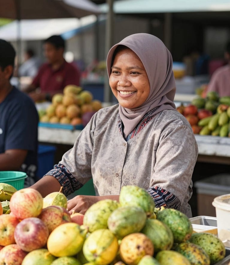 Candid medium shot of a friendly Indonesian female market vendor smiling in her clean fruit stall, bright natural morning daylight, warm organic tones, 35mm