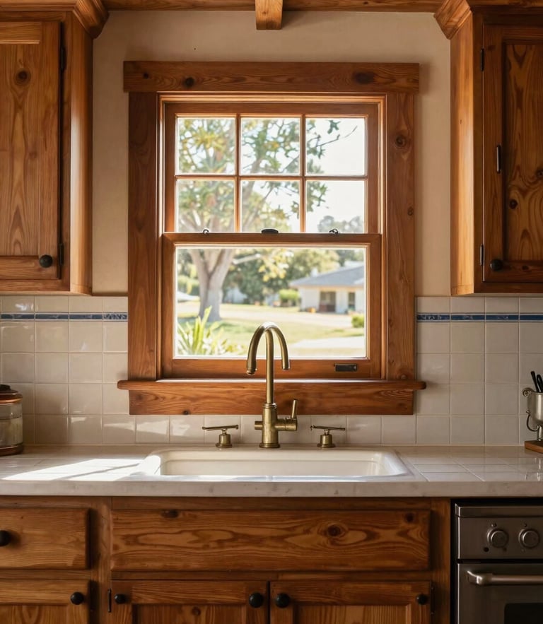 Straight-on architectural photo of a restored Craftsman kitchen, warm California daylight filtering through a wood-framed window, showcasing meticulous joinery and classic tiled backsplash.