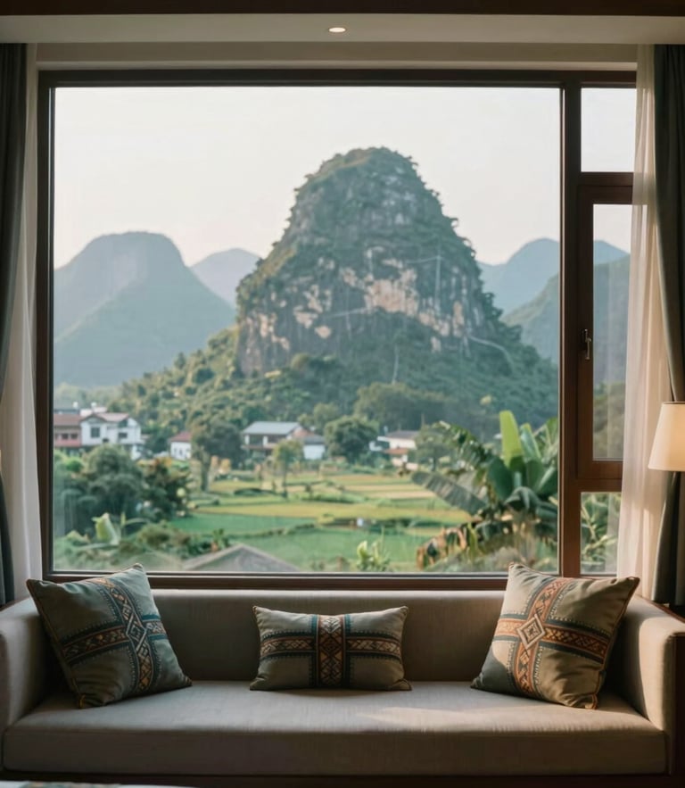 Modern hotel room interior in Cao Bang city with a large window overlooking the limestone mountains, elegant design with subtle ethnic brocade patterns on cushions, soft daylight