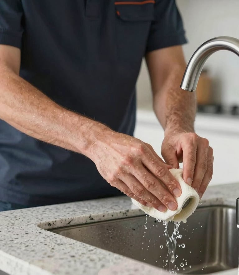 Close-up of a professional cleaner in a neat uniform polishing a modern kitchen faucet, bright natural daylight, water droplets reflecting light on immaculate quartz countertop.