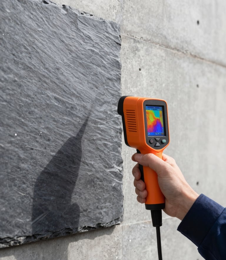 Sharp industrial photography, bright natural daylight, high contrast slate, a technician holding a professional thermal camera pointing at a concrete wall showing heat map on screen, architectural focus
