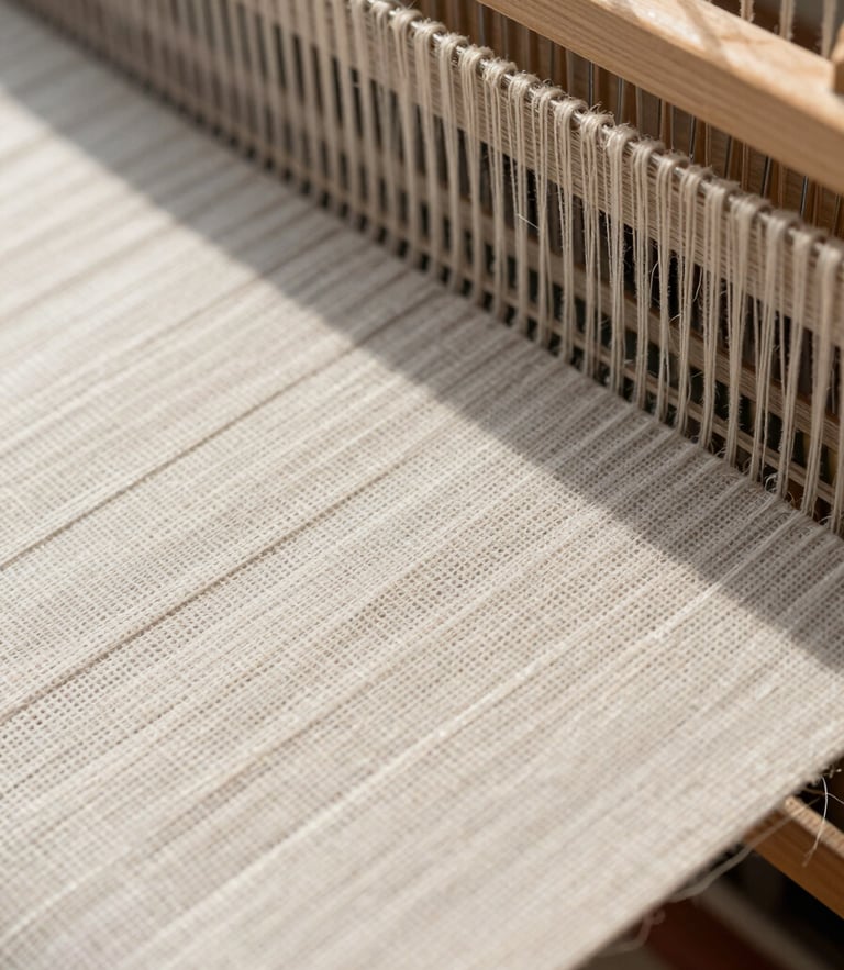 Macro close-up of raw linen fibers being woven on a modern loom, bright natural daylight, high-resolution texture details