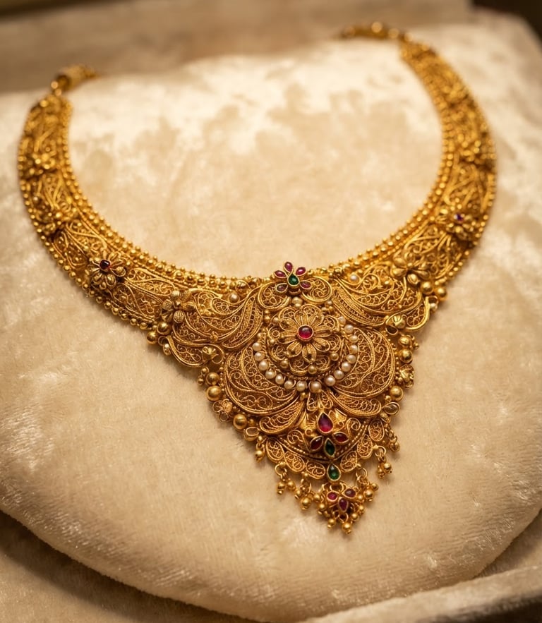 Macro close-up of a masterfully crafted 22k gold bridal necklace with intricate filigree work, resting on rich cream velvet under soft showroom spotlights.