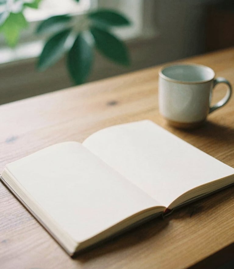 Soft diffused natural daylight filtering through green leaves onto a warm wooden desk with a clean open notebook and a ceramic mug, shallow depth of field, 35mm film aesthetic